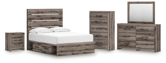 Graystorm Full Panel Bed with Storage with Mirrored Dresser, Chest and Nightstand