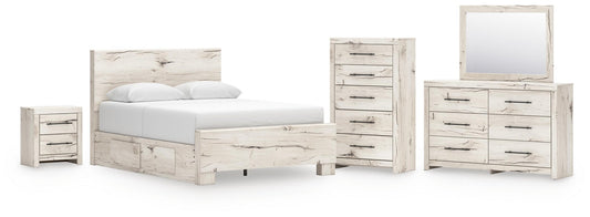 Lawroy Queen Panel Bed with Storage, Dresser, Mirror, Chest and Nightstand
