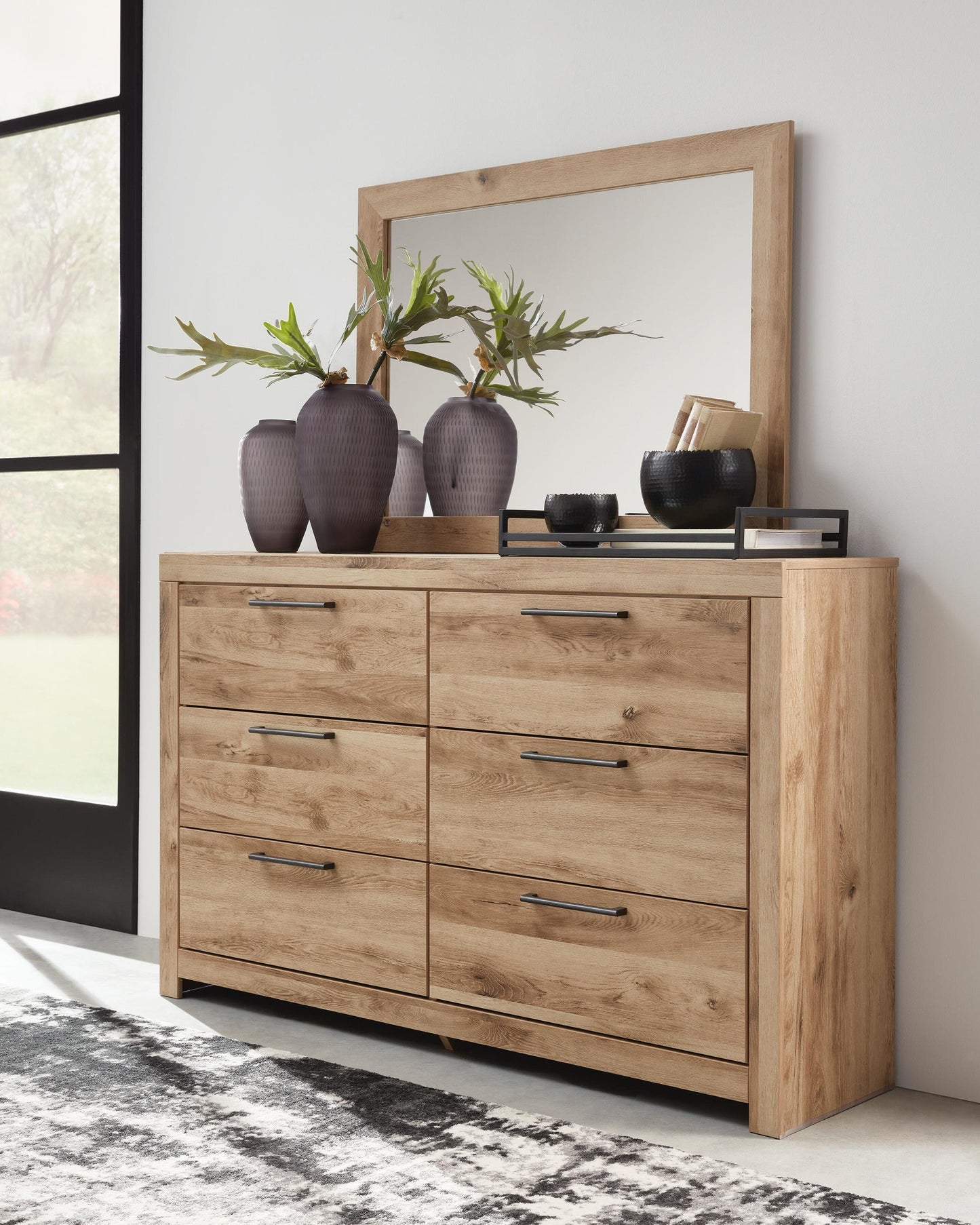 Hyanna King Panel Storage Bed with 2 Under Bed Storage Drawers, Dresser, Mirror and Nightstand