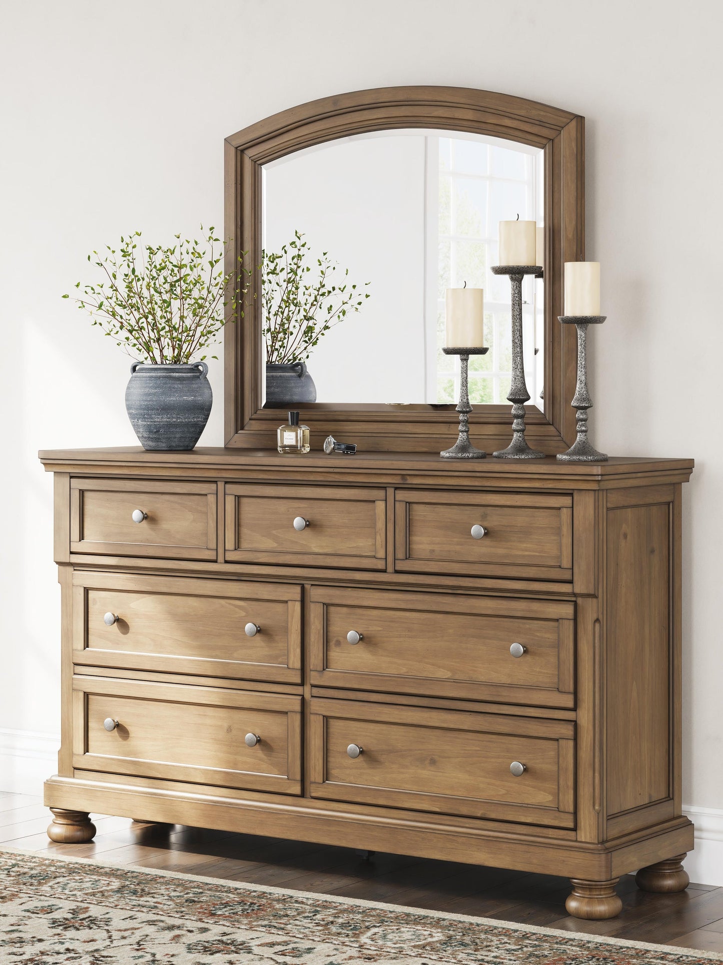 Vandenmore King Storage Sleigh Bed with Mirrored Dresser and Nightstand