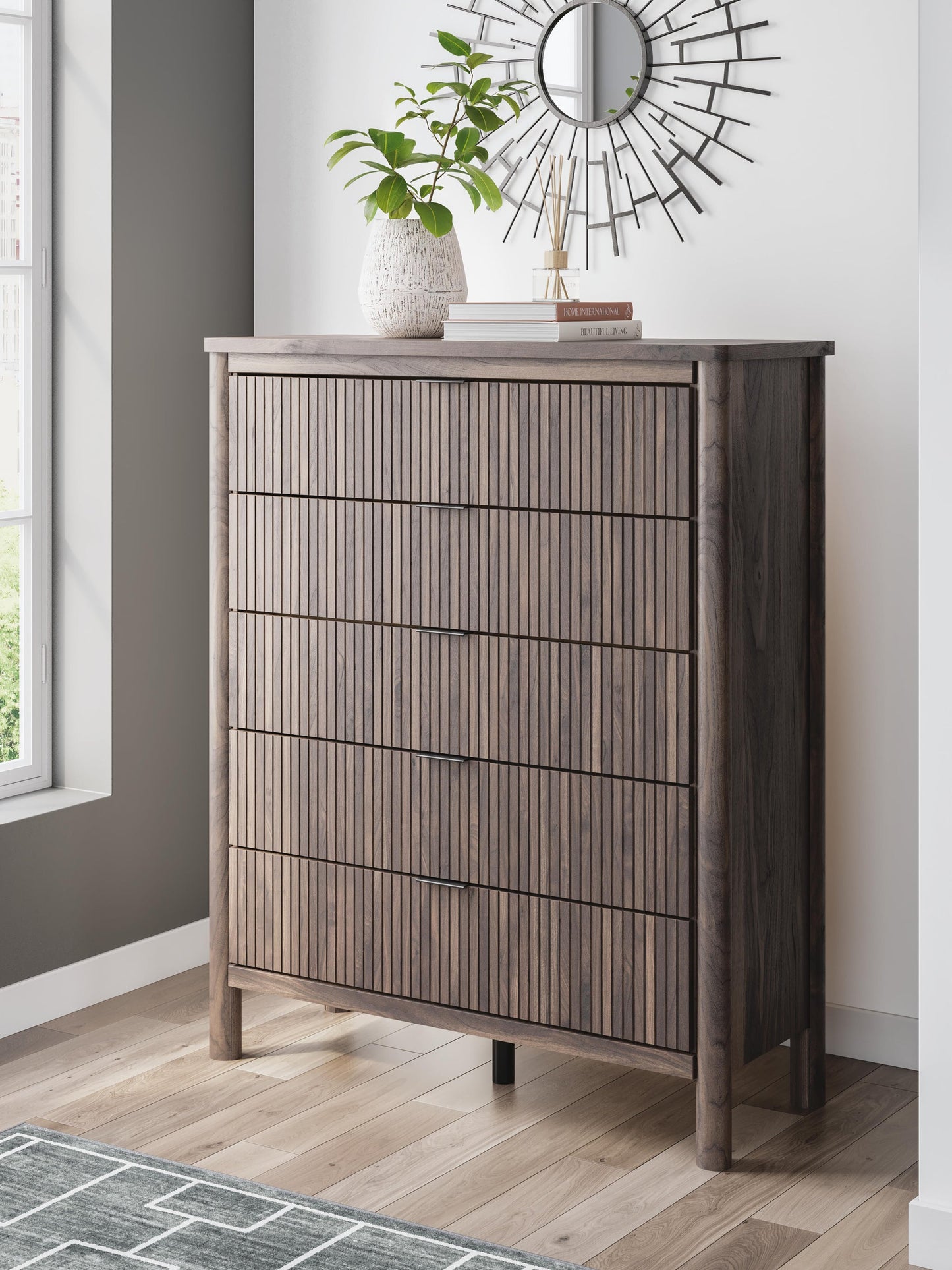 Cadmori Full Upholstered Panel Bed, Dresser and Mirror